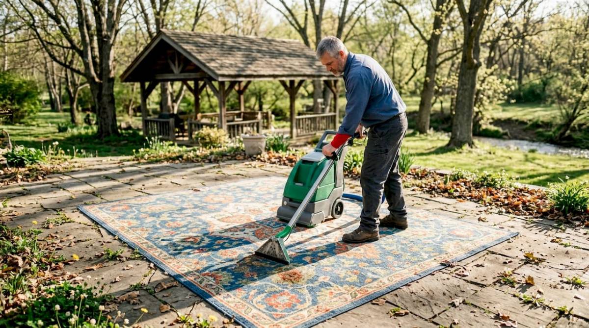 Moški doma temeljito čisti preprogo s čistilnim strojem.